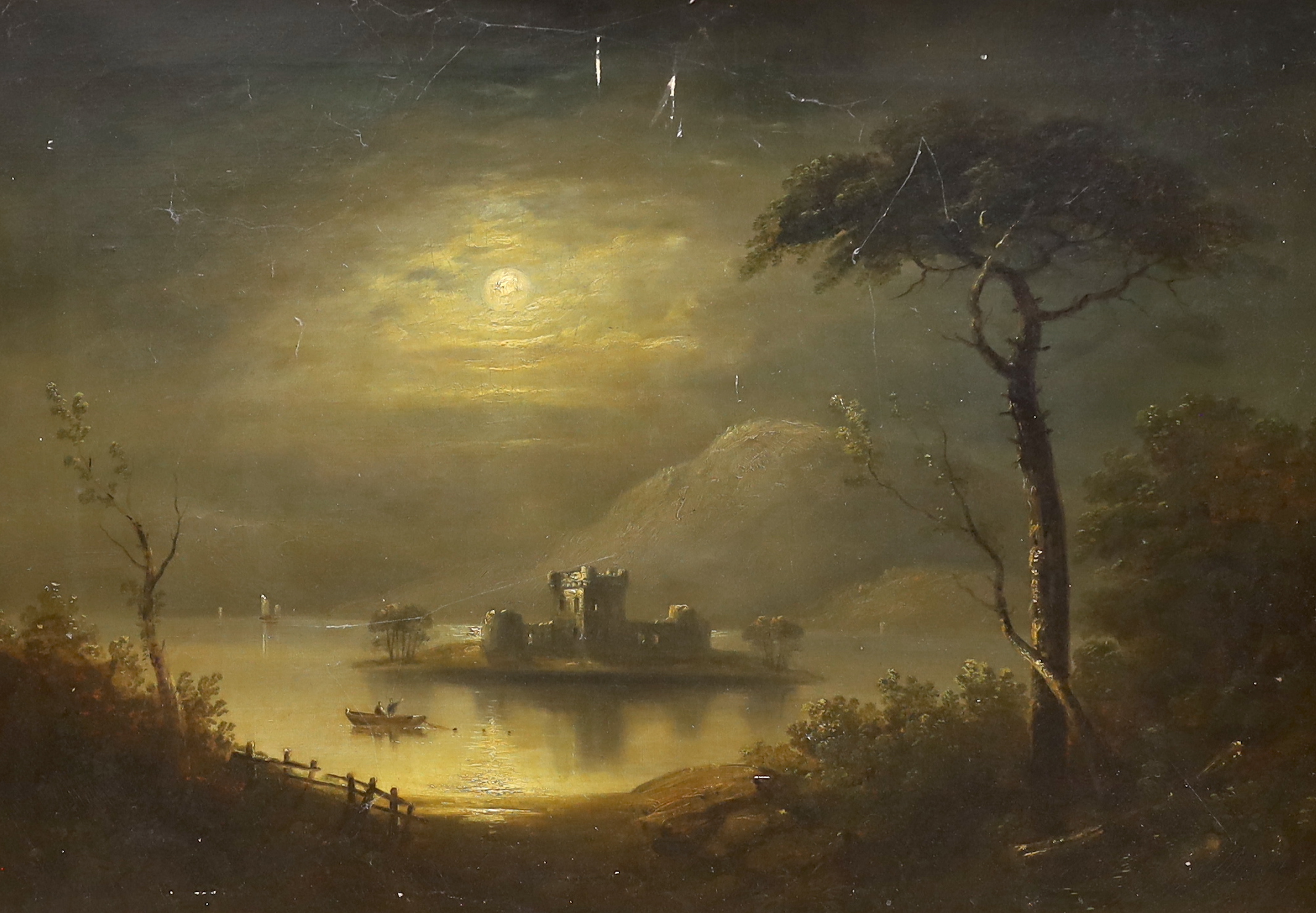 Victorian School, oil on canvas, Moonlit view of a moated castle, 52 x 75cm